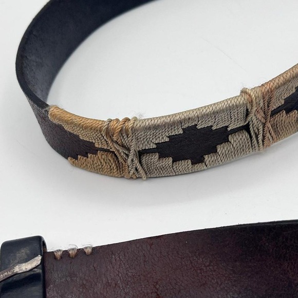 Vintage Leather Belt Handwoven Inlay Western Rustic Buckle Brown - Picture 4 of 7